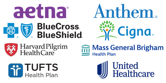 Logo of accepted insurance plans, aetna, anthem, bluecross blueshield, cigna, harvard pilgrim, mass general, tufts, united healthcare